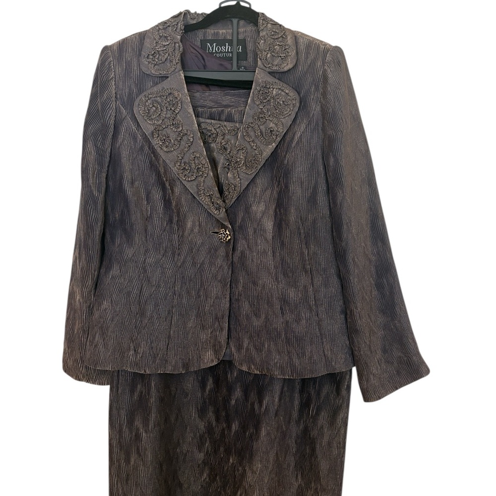 Moshita Couture 3 piece suit, ribbon trim on jacket and top, dark mauve/gold, 12
